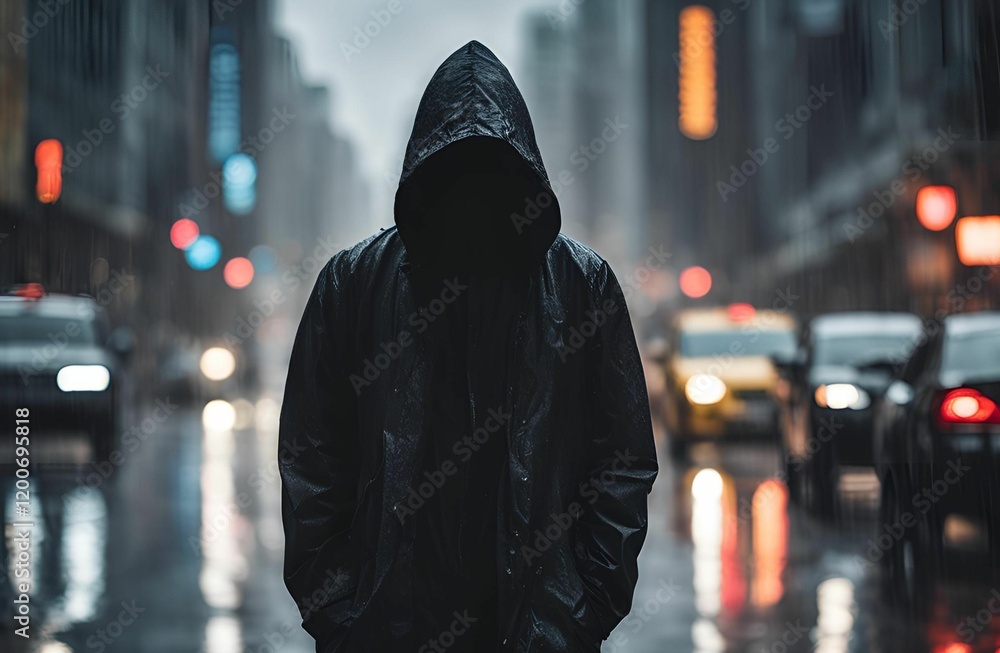 Obraz premium Mysterious Hooded Figure in Urban Street Scene