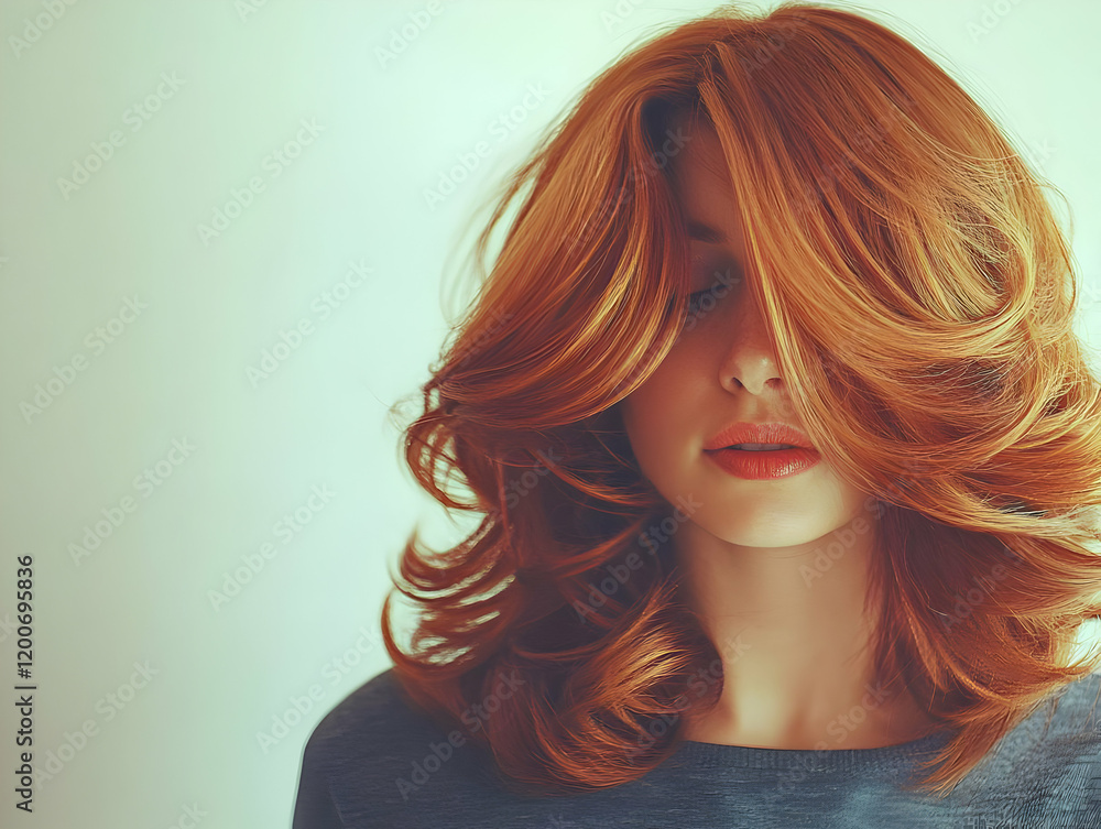 Fototapeta premium Redhead Woman with Closed Eyes and Voluminous Hair Covers Her Face Gently and Gracefully