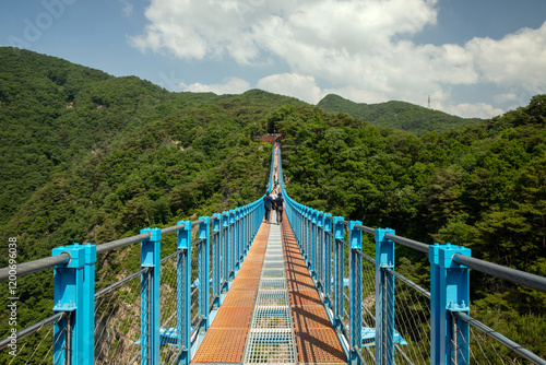 Ganhyeon-ri, Wonju-si, Gangwon-do, South Korea - May 21, 2024: Tourists are walking on Suspension Bridge with blue handrail against trees on the gorge of Sogeumsan Mountain photo