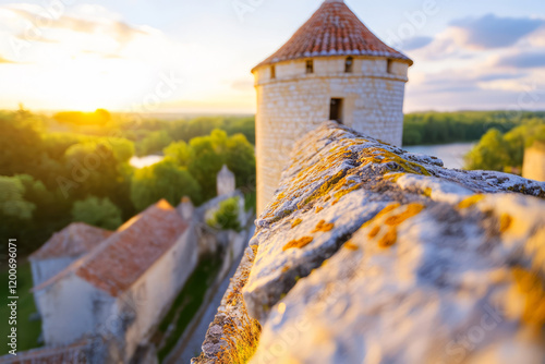 Scenic View from Stone Wall of Historic Castle Tower at Sunset Overlooking Lush Green Landscape photo