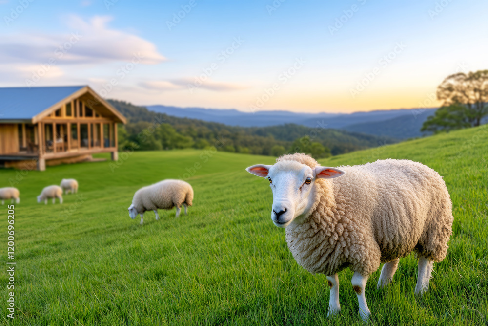 Fototapeta premium Sheep Grazing in Lush Green Field with Sunset Behind Rustic Farmhouse in Countryside Landscape
