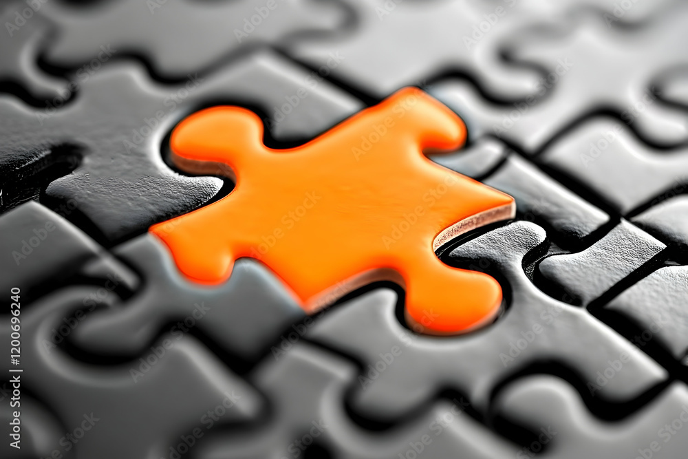 Orange Puzzle Piece Completes a Gray Puzzle, Solving a Problem, Teamwork Orange Puzzle Piece Completes a Gray Puzzle, Solving a Problem, Teamwork
