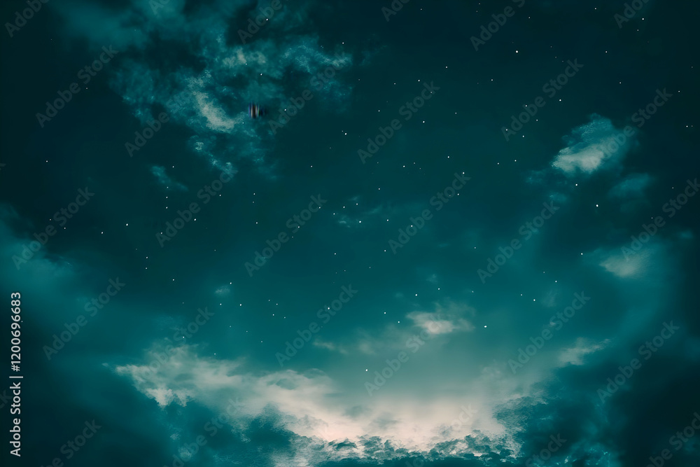 Dark Teal Night Sky with Wispy Clouds and Scattered Stars Creates a Mystical Atmosphere Dark Teal Night Sky with Wispy Clouds and Scattered Stars Creates a Mystical Atmosphere