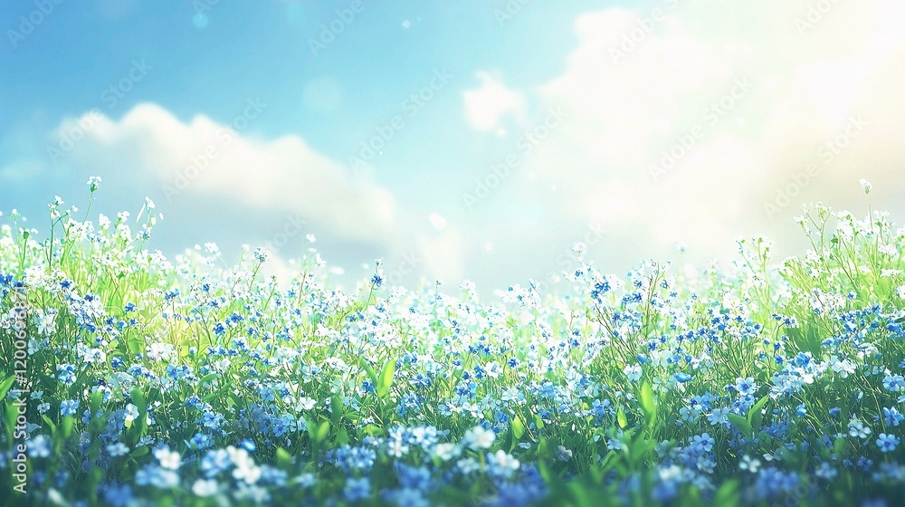 Obraz premium Blooming Meadow Under Azure Sky: A breathtaking panorama of a vibrant field brimming with delicate flowers. The sky stretches endlessly, a canvas of brilliant blue. Gentle clouds drift lazily.