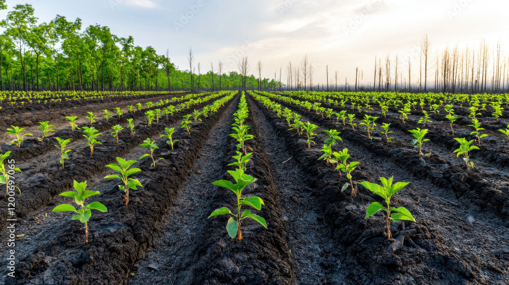 Obraz premium A lush field of young plants in neat rows, showcasing sustainable agriculture and growth under a bright sky.