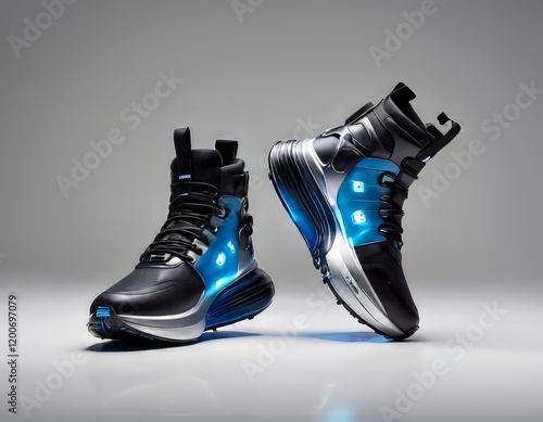 Cyberpunk Platform Shoes with Futuristic Design with LED Lights. Futuristic shoe design for the future with neon LEDs in a cyberpunk theme with modern technology.