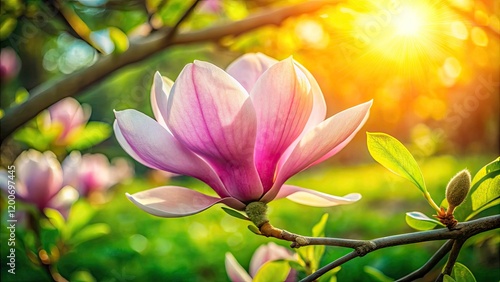 Elegant Magnolia Flower in Spring Garden, Low Light Photography of Blooming Pink Petals with Sunlight in a Fairy Tale Landscape, Beautiful Nature Park Scene