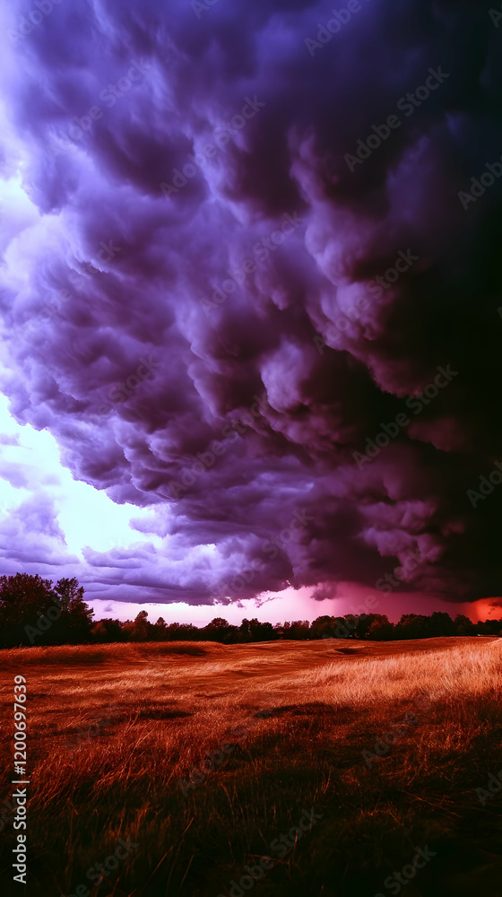 Dramatic Storm Clouds Gather Over a Field at Sunset with Vibrant Purple and Orange Hues. Dramatic Storm Clouds Gather Over a Field at Sunset with Vibrant Purple and Orange Hues.