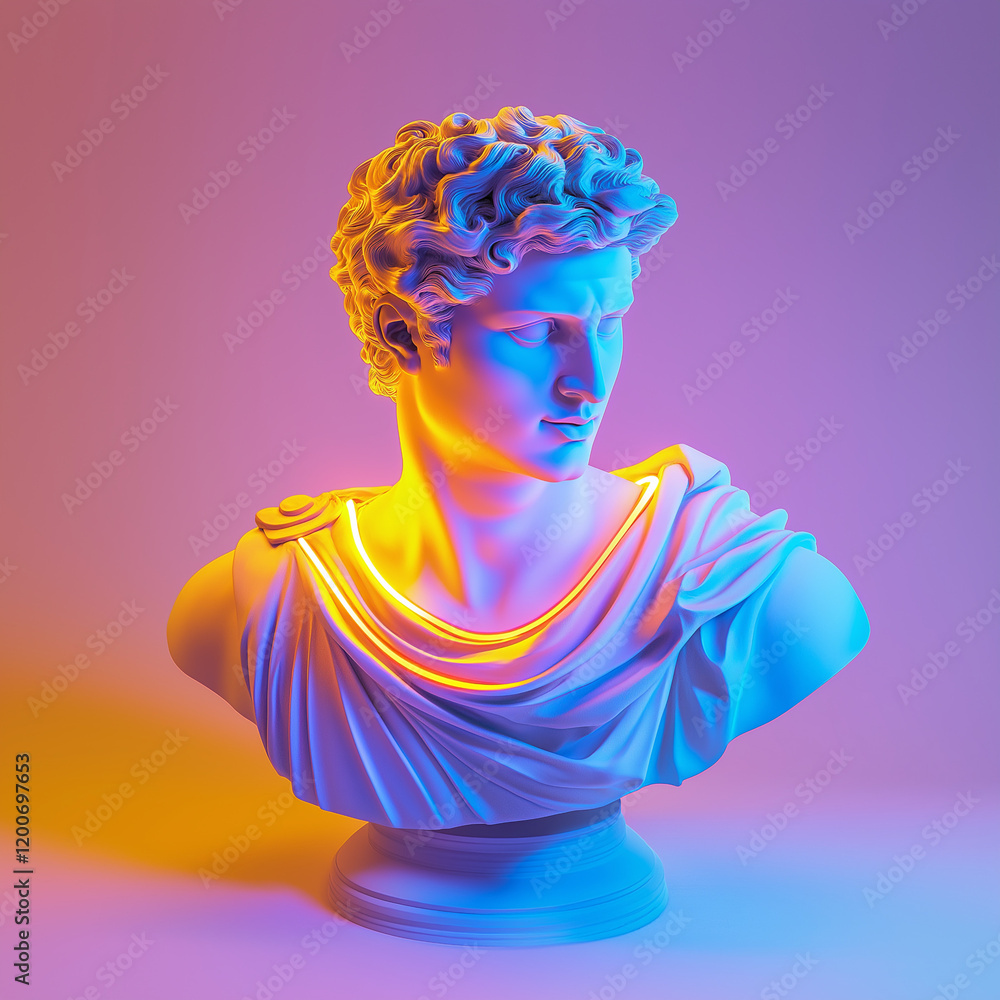 A statue of a man with a glowing neck and arms A statue of a man with a glowing neck and arms