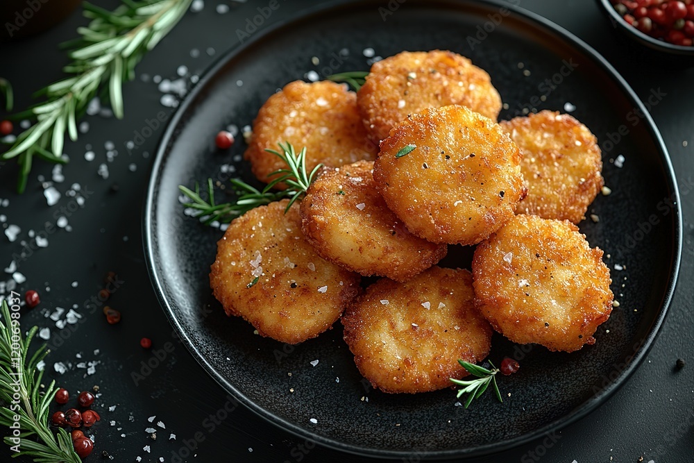 Crispy golden-brown potato patties seasoned with herbs and spices, served on a dark plate. Crispy golden-brown potato patties seasoned with herbs and spices, served on a dark plate.