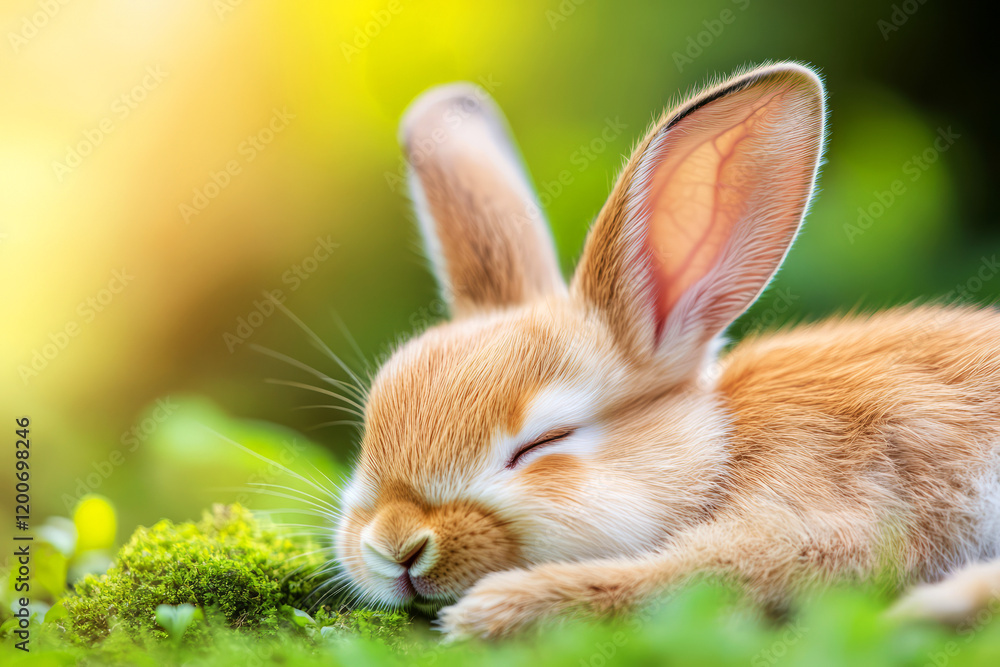 Fototapeta premium Adorable Baby Rabbit Sleeping Peacefully on Green Moss in Soft Natural Light