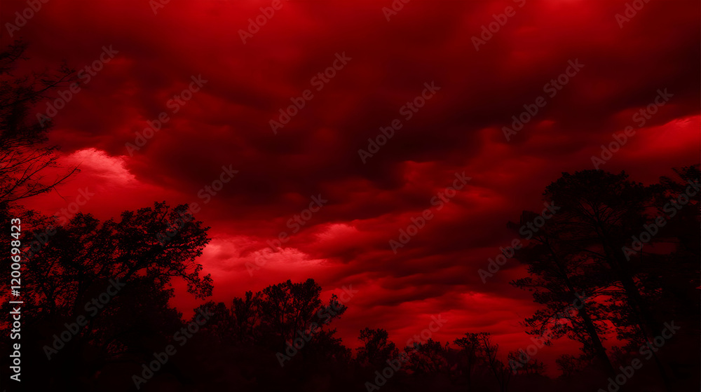 Obraz premium Silhouetted Trees Against a Dramatic Red Sky at Dusk