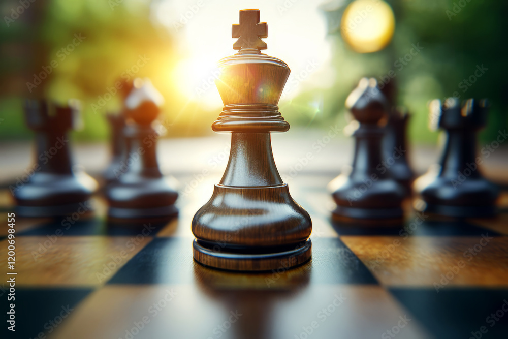 Captivating Chess Piece in Focus with Sunlight Background and Blurred Board Elements Captivating Chess Piece in Focus with Sunlight Background and Blurred Board Elements