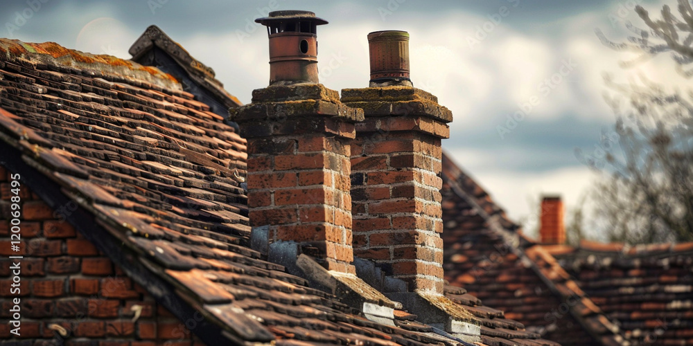 Naklejka premium Old brick chimneys on weathered rooftops against a cloudy sky