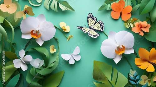 Fototapeta Naklejka Na Ścianę i Meble -  Paper Flower Paradise: Delicate white orchids and vibrant orange blossoms emerge from a lush jungle of paper foliage.