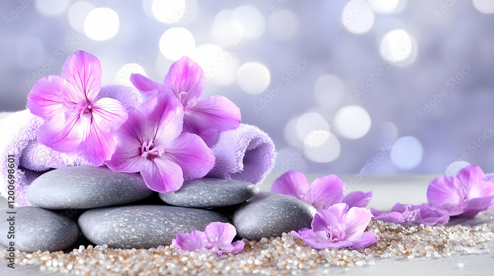 Purple Flowers Adorn Gray Stones and a Folded Towel on a Sparkling Surface Elegantly Purple Flowers Adorn Gray Stones and a Folded Towel on a Sparkling Surface Elegantly