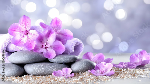Purple Flowers Adorn Gray Stones and a Folded Towel on a Sparkling Surface Elegantly