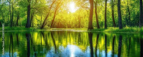 Sunlit forest river reflection  peaceful nature