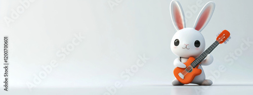 Adorable white cartoon bunny holding an orange guitar, ready to strum a cute melody on a minimalist background.