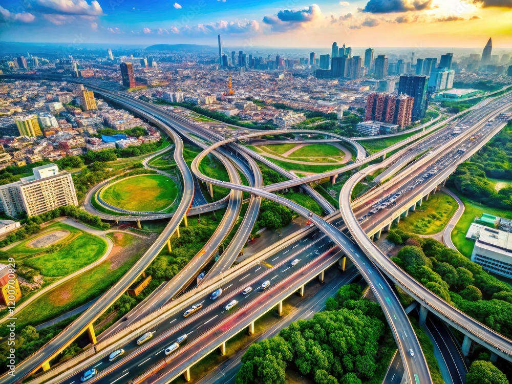 Naklejka premium Aerial perspective of Kaohsiung's intricate freeway system, showcasing Taiwan's highway infrastructure.