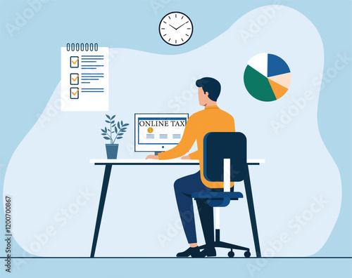 A man filing taxes online at a desk with a computer. Ideal concept for Online Tax Filing, Government Tax Services, Personal Finance, Financial Management, Tax Preparation Services