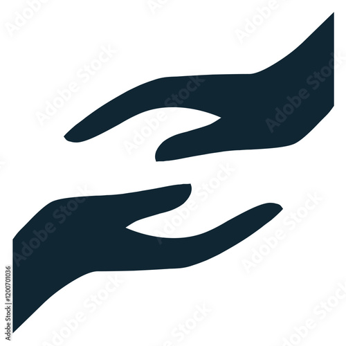 Support Hand Icon Vector, Minimalist illustration of two hands reaching out, symbolizing help, care, and community support. Ideal for charity, teamwork, mental health and humanitarian projects.