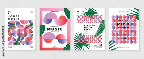 Summer music poster design background vector set. Electro Sound Cover template with vibrant abstract gradient geometric shape, line wave, tropical leaf. Design for social media, party, music festival.