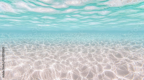 Tranquil turquoise water surface reflects sunlight on a sandy seabed, creating a serene underwater scene.