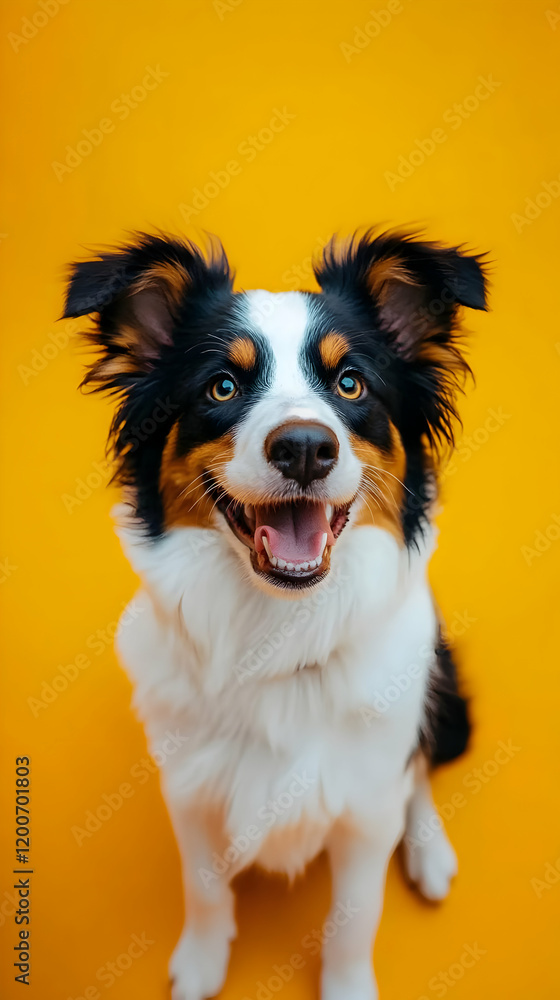 Fototapeta premium Playful Dog Sits with Mouth Open Against a Vibrant Yellow Backdrop