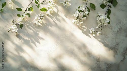 Sunlit Spring Blooms: Delicate white blossoms and vibrant green leaves cast dappled shadows on a textured surface, a breathtaking testament to the beauty of nature's awakening. 