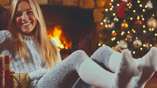 Woman Relaxes by Fireplace ...