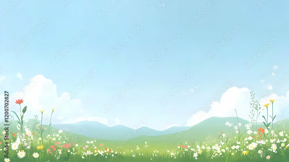 Fototapeta premium Serene Meadow Illustration Flourishes with Wildflowers Under a Clear Blue Sky Beautifully