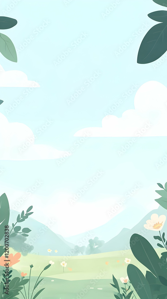 Fototapeta premium Serene Meadow Landscape Illustration Depicts a Peaceful Valley with Wildflowers Gently Swaying Beneath a Clear Sky