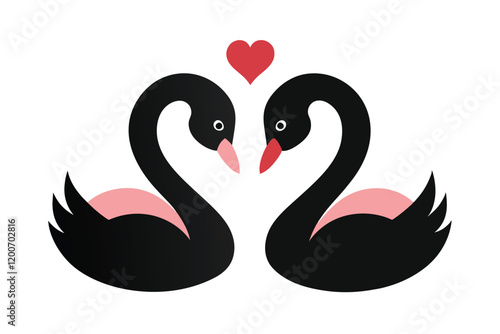 minimalist design two loving black swans and pink heart B.eps