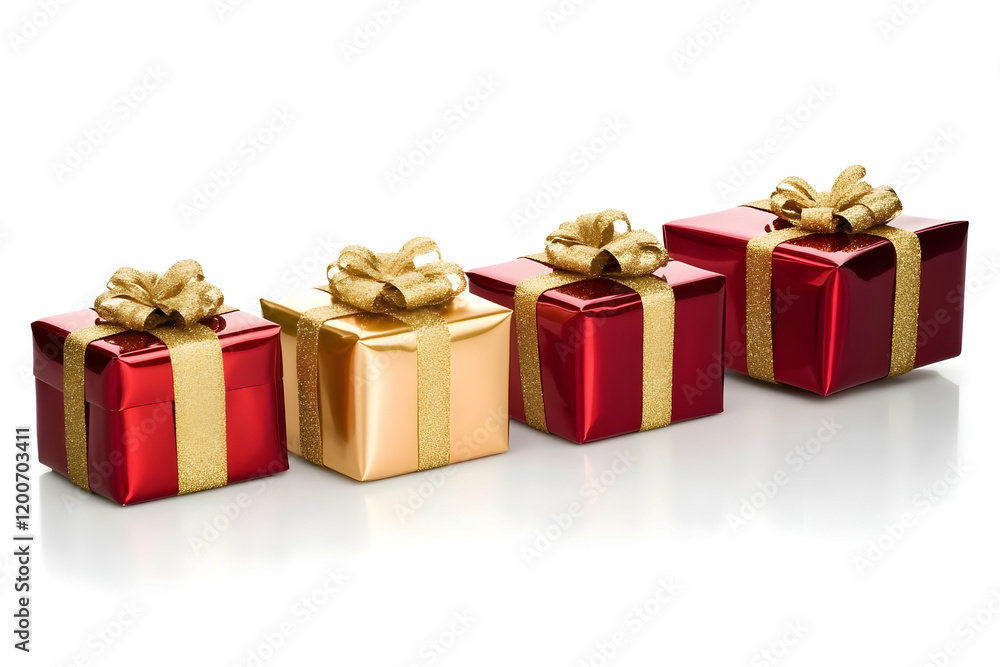 Four Wrapped Gifts with Gold Ribbons on a White Reflective Surface Four Wrapped Gifts with Gold Ribbons on a White Reflective Surface