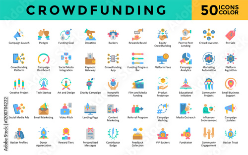Crowdfunding icons set with campaign launch, pledges, funding goal, donation, backers, rewards based, equity crowdfunding, peer to peer lending, crowd investors icon. Simple flat color vector 
