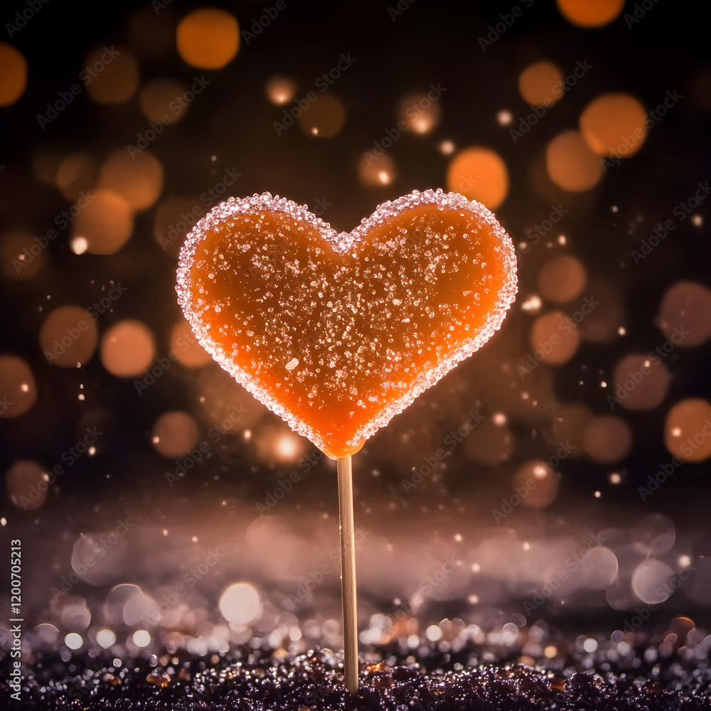 Fototapeta premium Heart-shaped lollipop stands on glittery surface with blurred lights beautifully in the background.