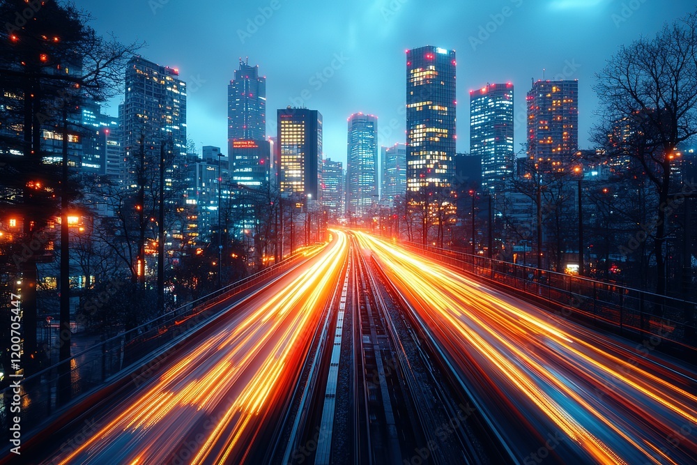 Fototapeta premium Cityscape at night with light trails from fast-moving traffic.