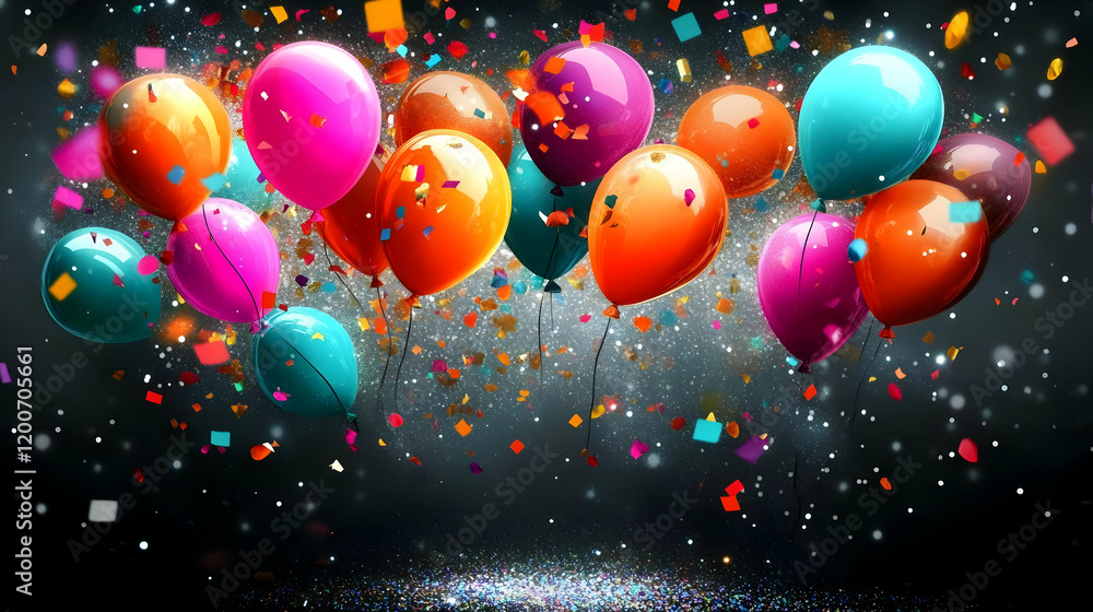 Colorful Balloons Float with Falling Confetti on a Sparkling Black Background Colorful Balloons Float with Falling Confetti on a Sparkling Black Background