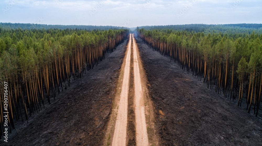 Aerial view of a dirt road flanked by scorched earth on one side and a lush green forest on the other, illustrating contrasting landscapes. Aerial view of a dirt road flanked by scorched earth on one side and a lush green forest on the other, illustrating contrasting landscapes.
