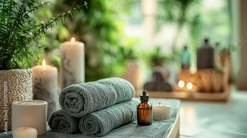Obraz na płótnie bright and peaceful spa setup with towels, candles, and greenery w salonie