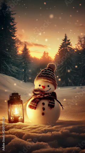 Snowman Stands Beside Lit L...