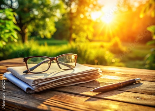 A wooden table bathed in sunlight holds a newspaper, pencil, and spectacles; a strangely calming scene. photo