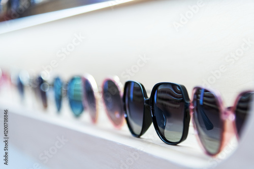 Many sunglasses displayed in the store