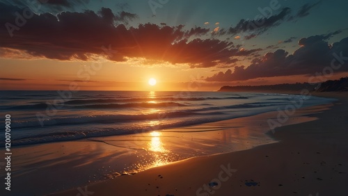 An awe sunset in an idyllic beach landscape with the sunset over the water and the sunlight generating a moody atmosphere. Generative AI