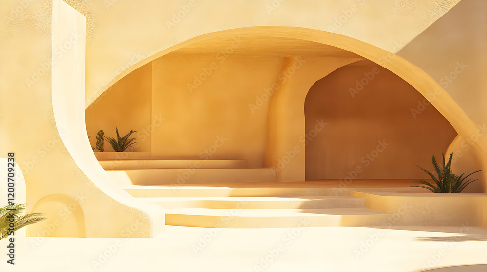 3D illustration of a minimalist yellow archway scene with plants, perfect for product display. 3D illustration of a minimalist yellow archway scene with plants, perfect for product display.