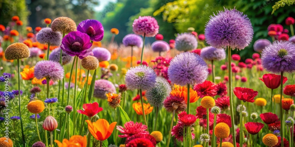 Vibrant Mixed Flower Border with Ladybird Poppies, Allium, and Grasses for Stunning Documentary Photography Vibrant Mixed Flower Border with Ladybird Poppies, Allium, and Grasses for Stunning Documentary Photography