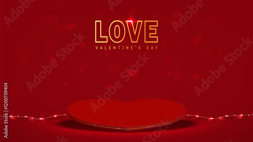 Valentines Day background with pedestal heart and light decorative for product display on Red shine background. Vector illustration.