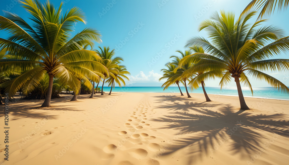 Obraz premium Idyllic tropical beach with palm trees and footprints in the sand.