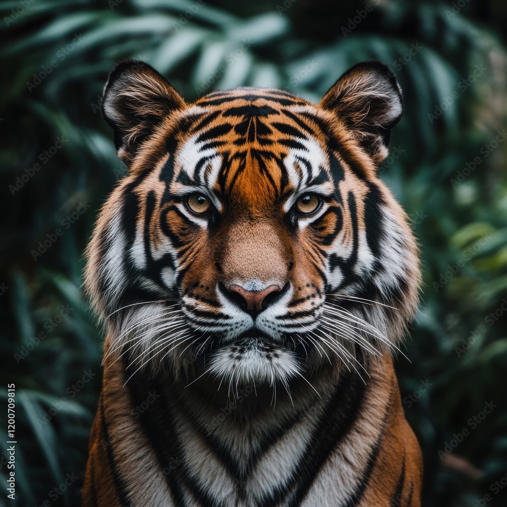 Fototapeta premium Majestic tiger gazing directly at the camera amidst lush green foliage, showcasing its striking features and vibrant colors, symbolizing the beauty of wildlife conservation